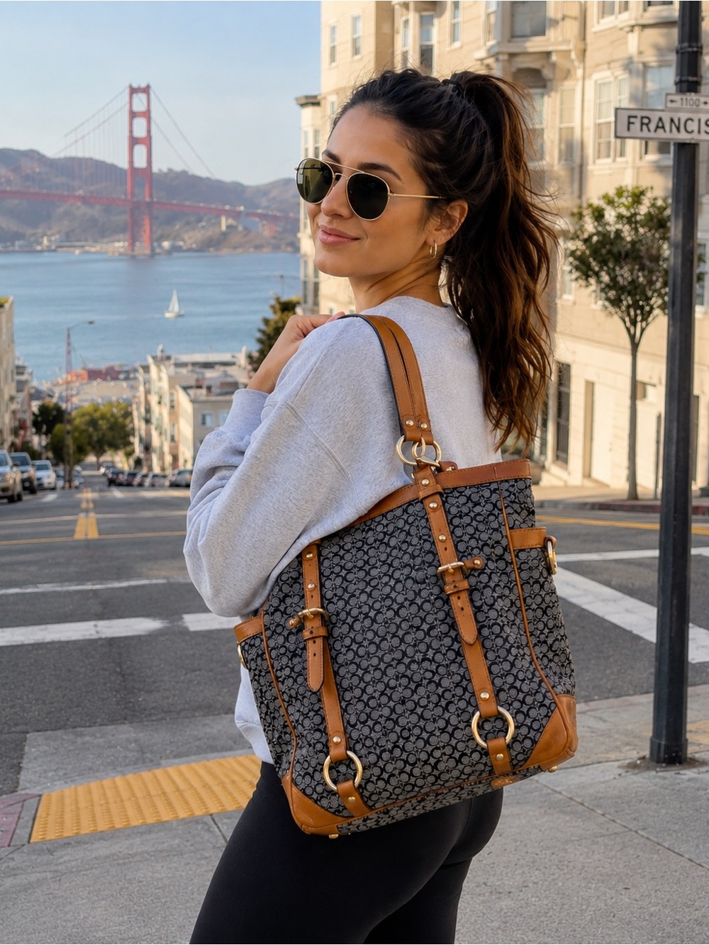 Coach Navy Signature Canvas Tote with Brown Leather Trim - Picture 4 of 8